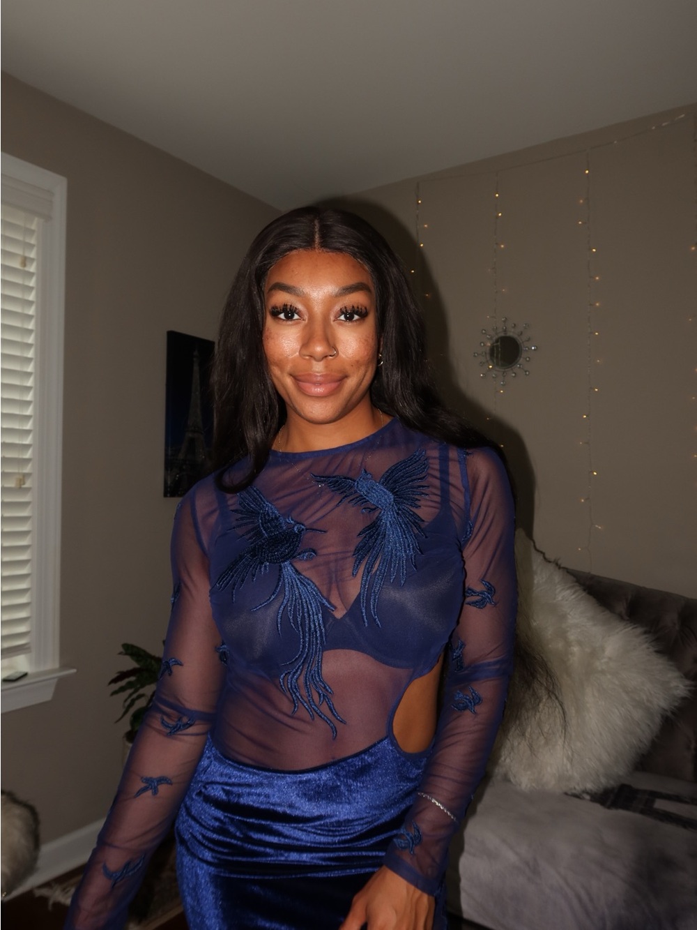 Fashion Nova Navy Sheer Embroidered Bird Mesh Dress